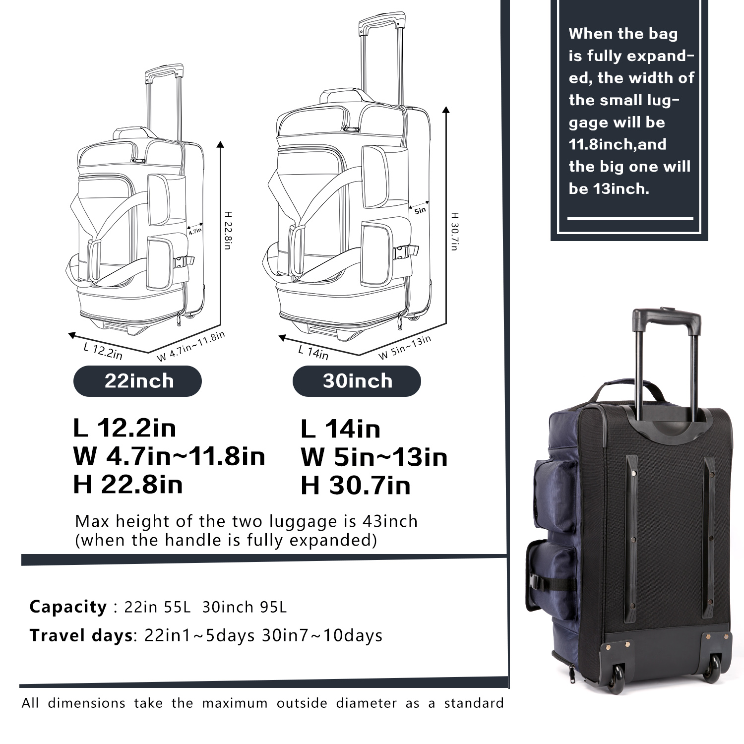 Coolife Rolling Duffel Travel Duffel Bag Wheeled Duffel Suitcase Luggage 8 Pockets