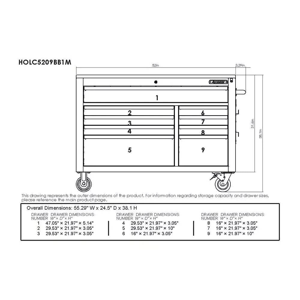 Heavy-Duty 52 in. 9-Drawer Mobile Workbench with Adjustable-Height Solid Wood Top in Matte Blue