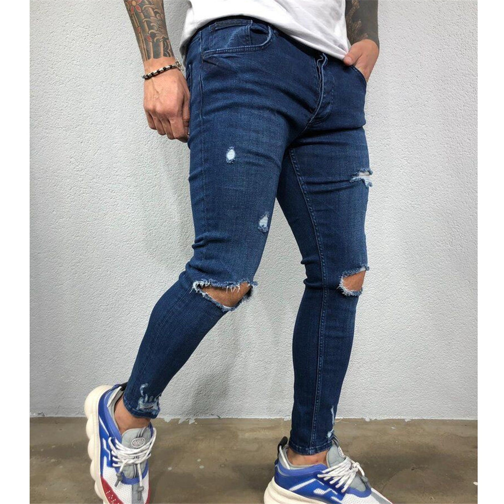 Thin Hole Pencil Pants Plain Zipper Men's Jeans