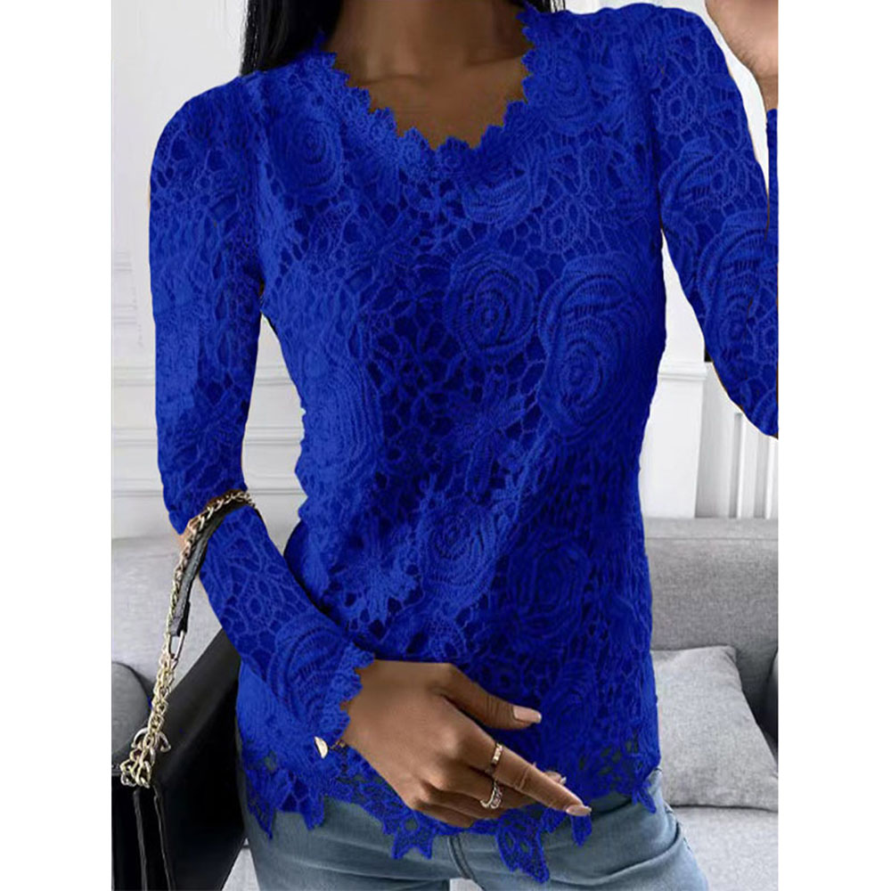 Ericdress Floral Round Neck Lace Standard Long Sleeve Blouse