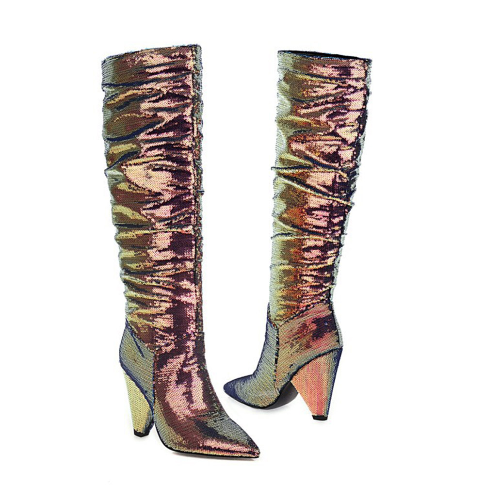 Ericdress Cone Heel Pointed Toe Slip-On Sequin Knee High Boots
