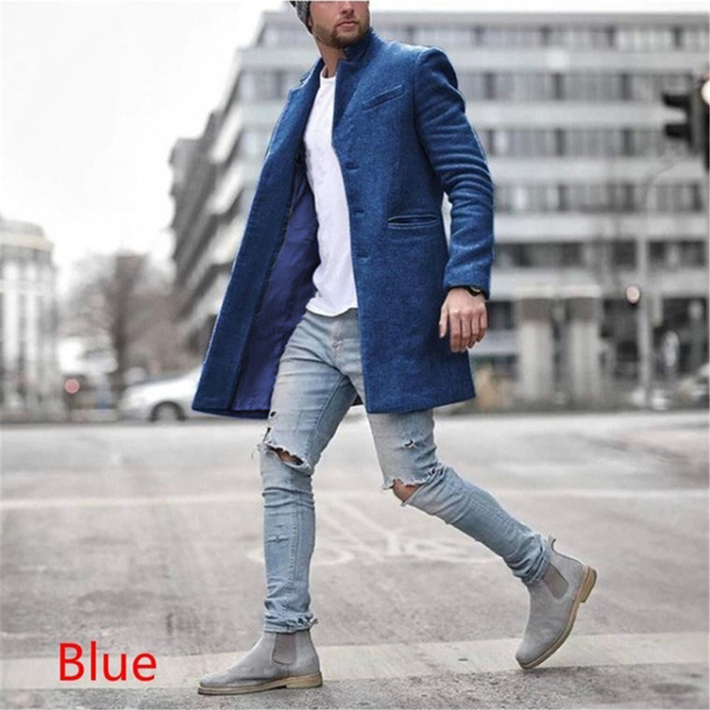 Button Plain Lapel Mid-Length Slim Men's Coat