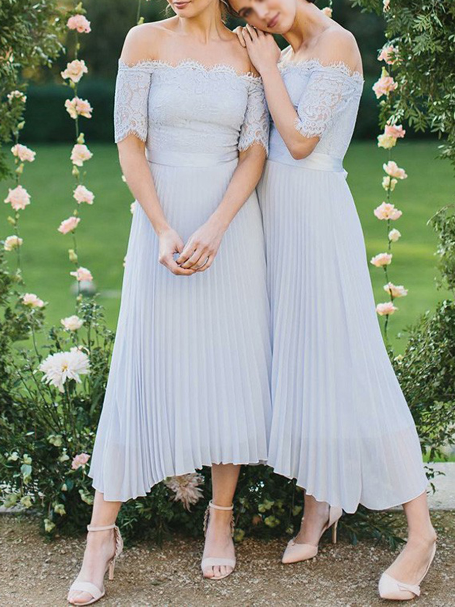 Ericdress A-Line Tea-Length Short Sleeves Lace Bridemaid Dress
