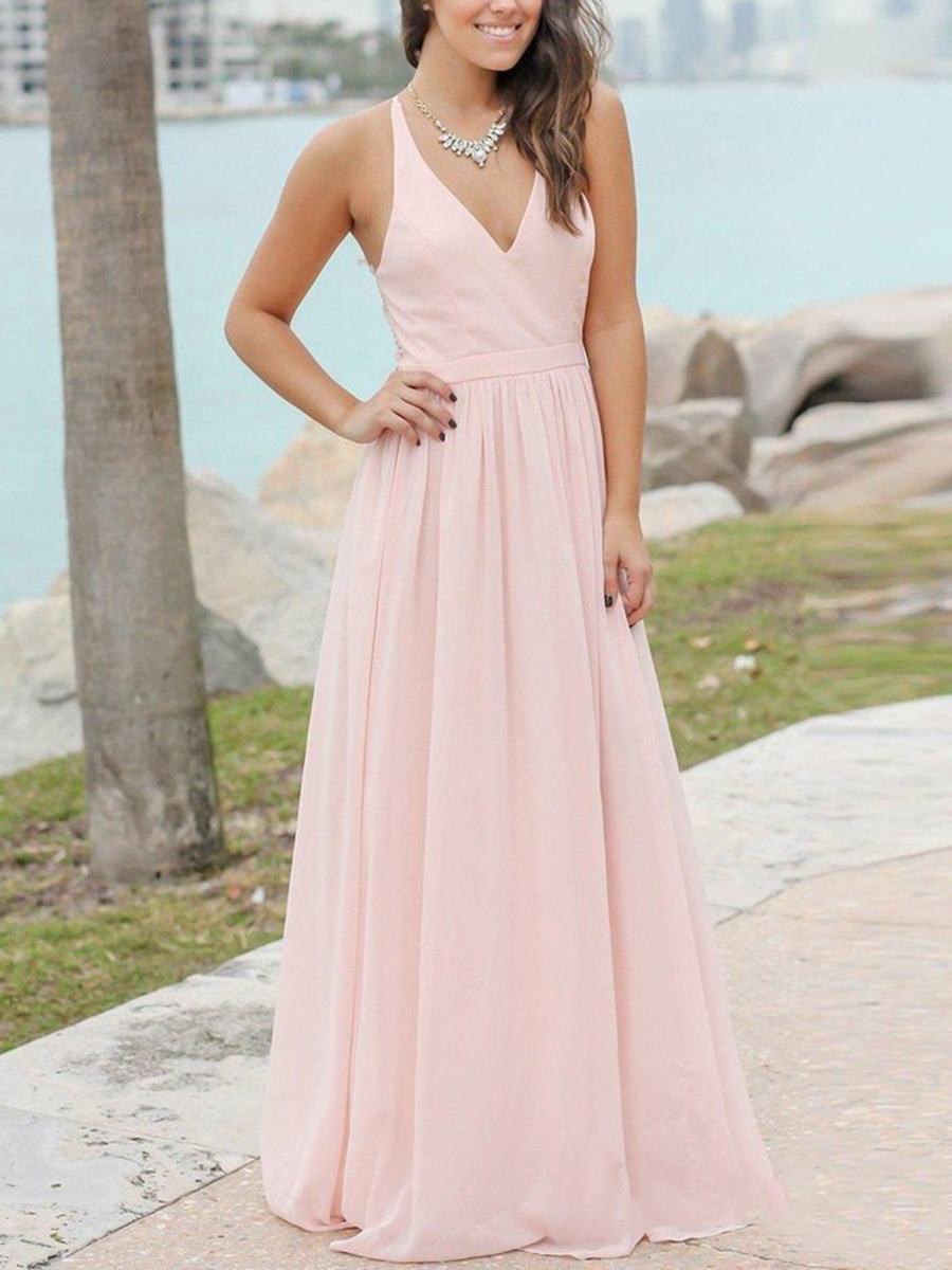 Ericdress A-Line V-Neck Lace Bridemaid Dress Rose Quartz Dress