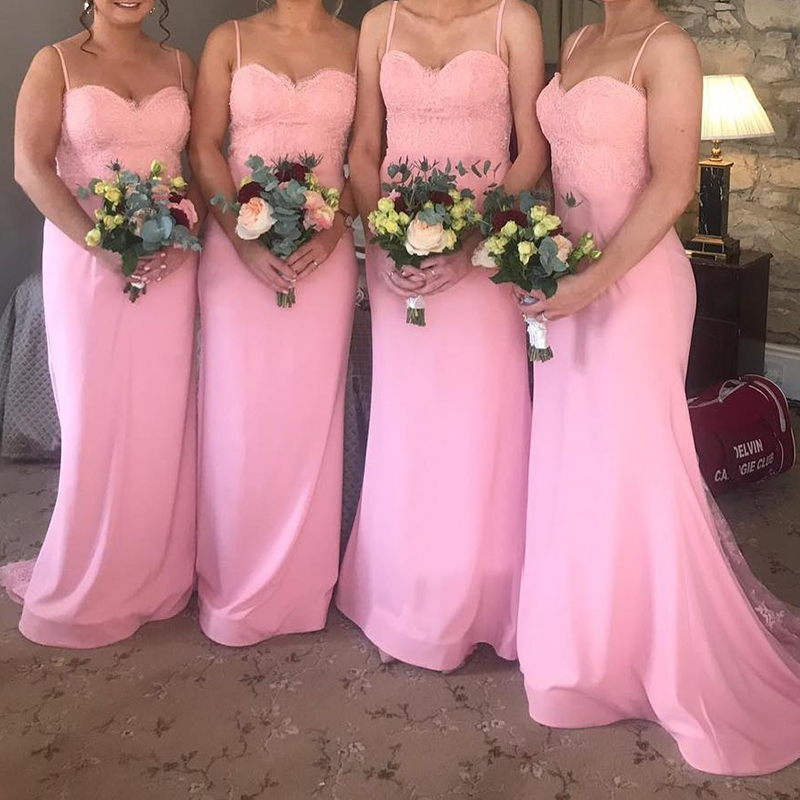 Appliques Spaghetti Straps Long Bridesmaid Dress Rose Quartz Dress
