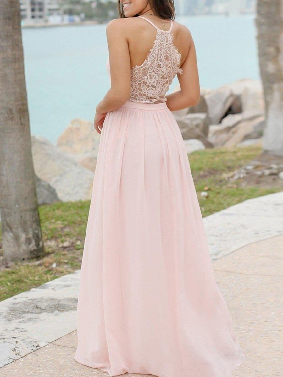 Ericdress A-Line V-Neck Lace Bridemaid Dress Rose Quartz Dress