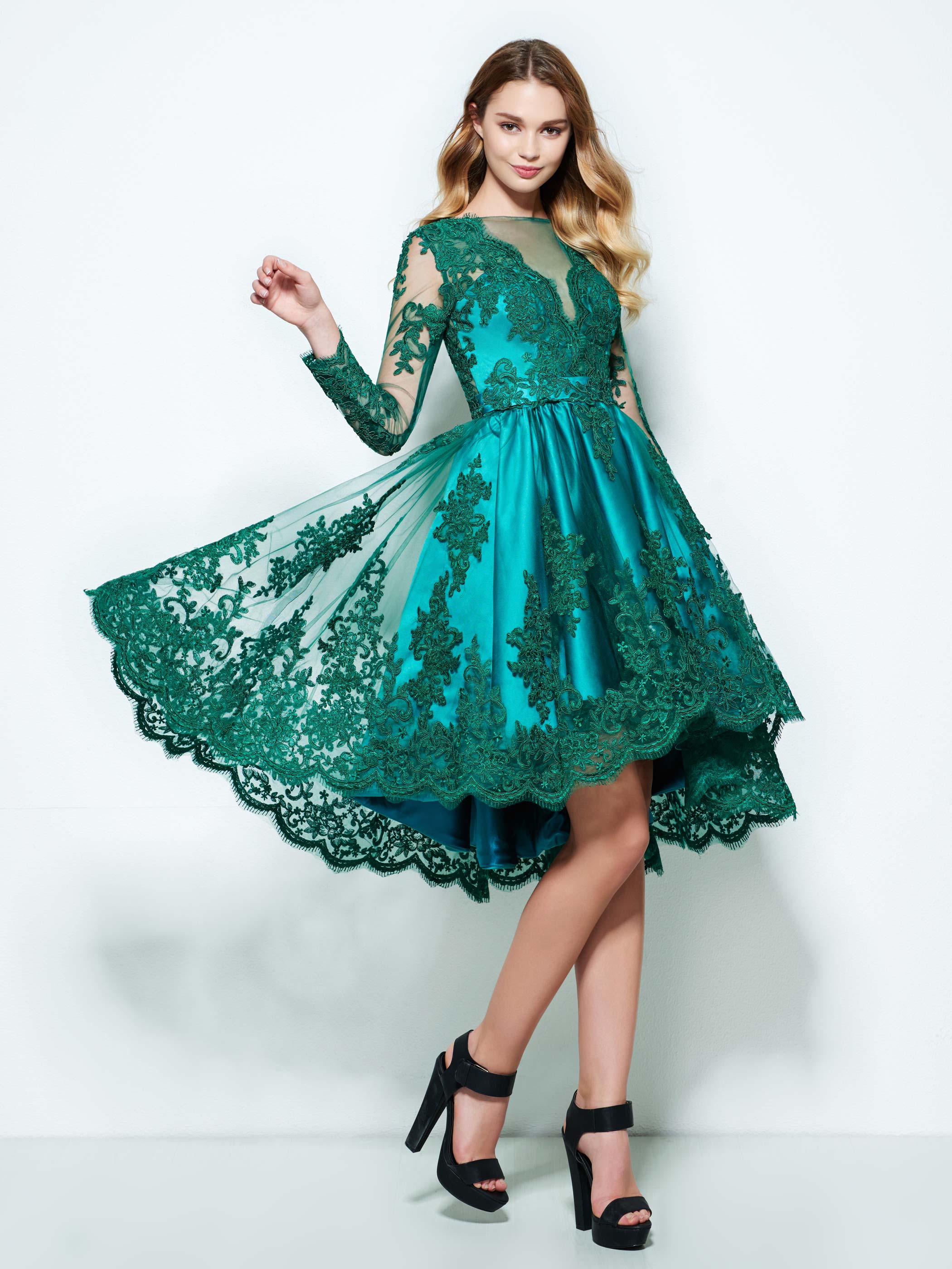 Ericdress A-Line Bateau Long Sleeves Appliques Button Lace Asymmetry Homecoming Dress