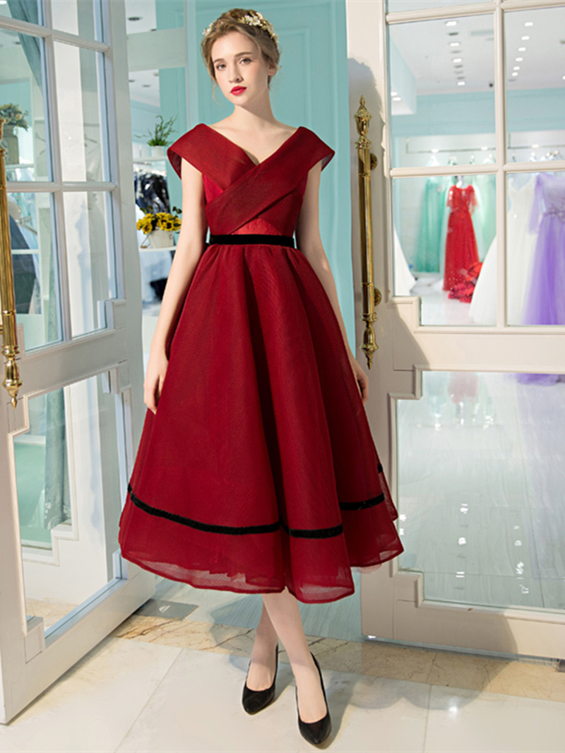 Ericdress A-Line Cap Sleeves Tea-length Evening Dress With Bowknot