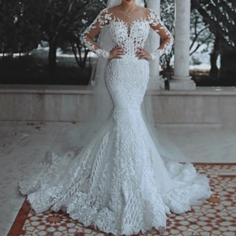 Mermaid Scoop Appliques Long Sleeves Wedding Dress-www.ericdress.com