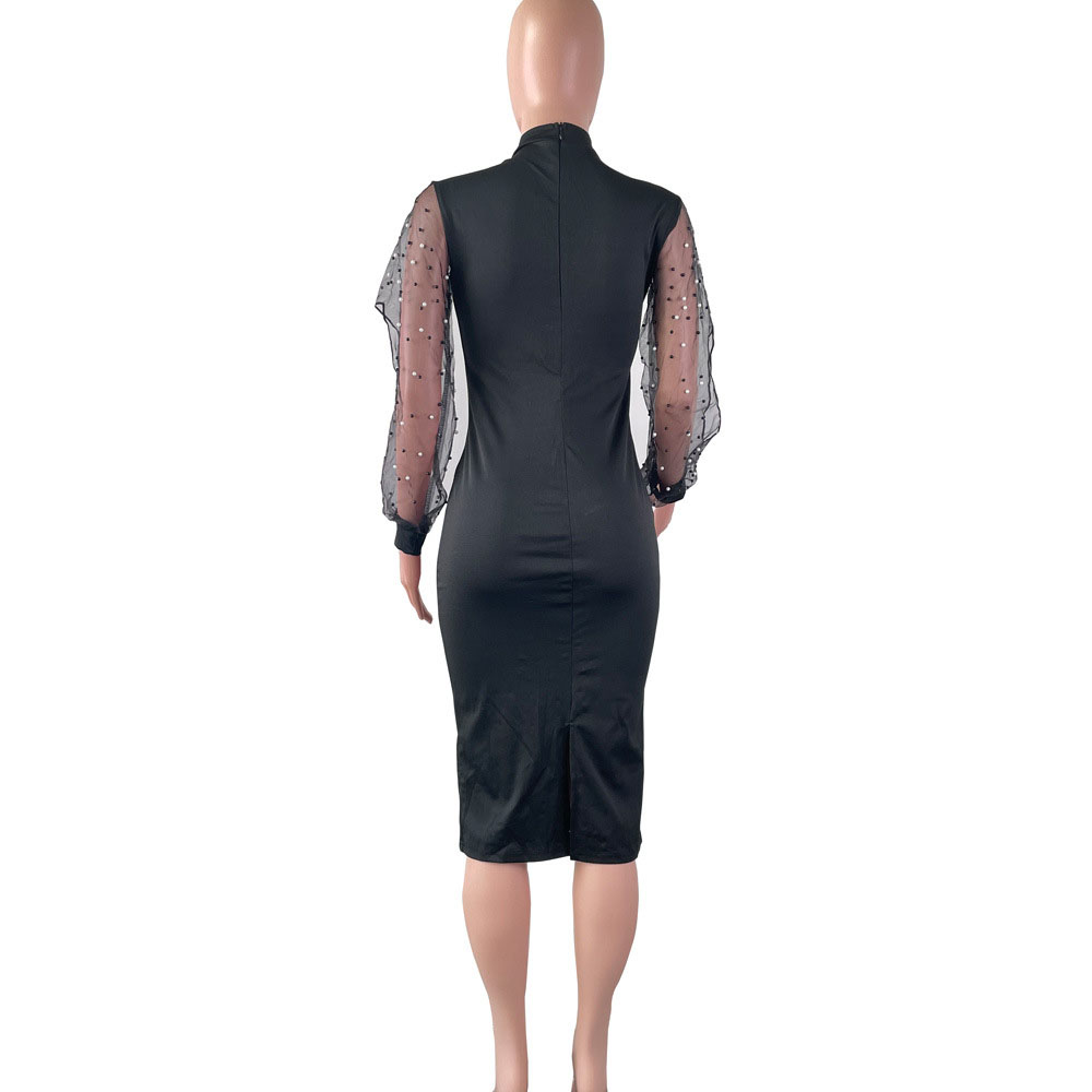 Ericdress Mid-Calf Bead Long Sleeve Regular Plain Bodycon Dress