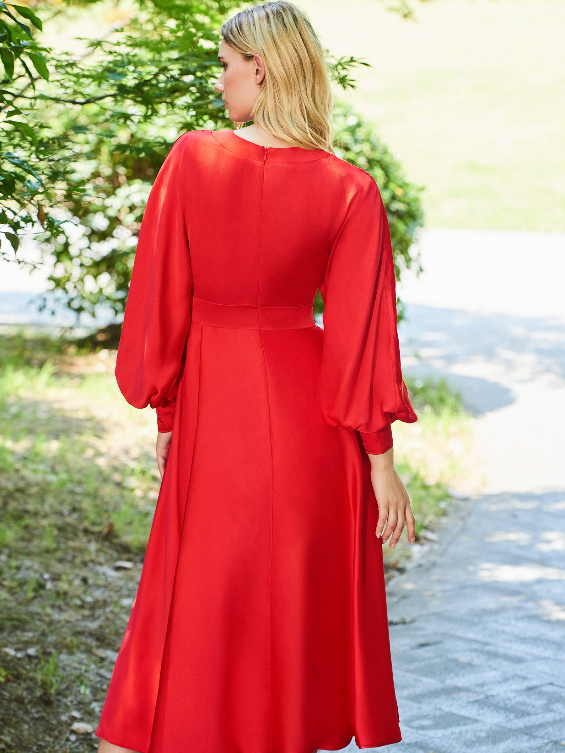 Ericdress A Line Long Sleeve Tea Length Red Evening Dress