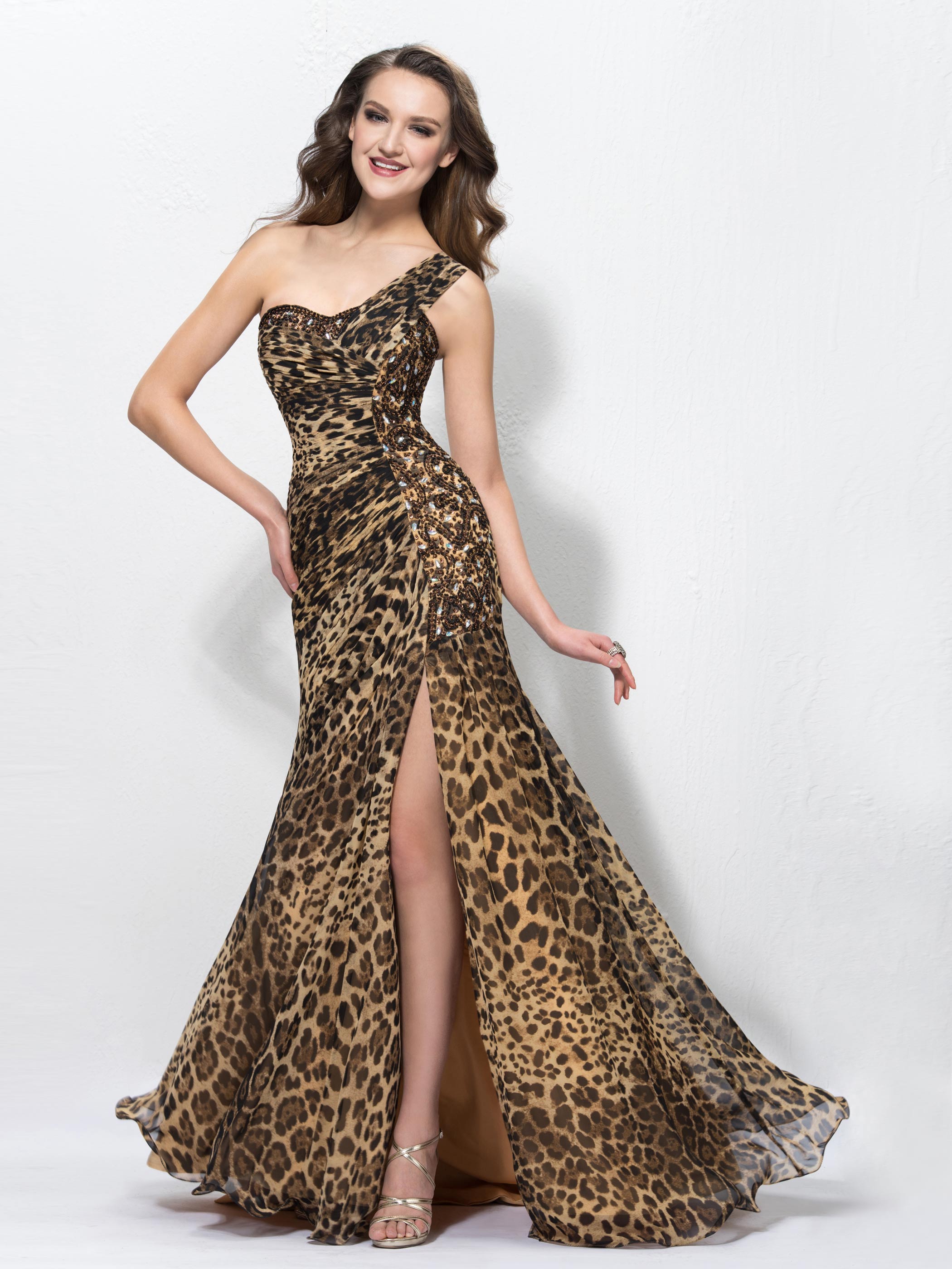 Ericdress One Shoulder Split-Front Leopard Print Evening Dress