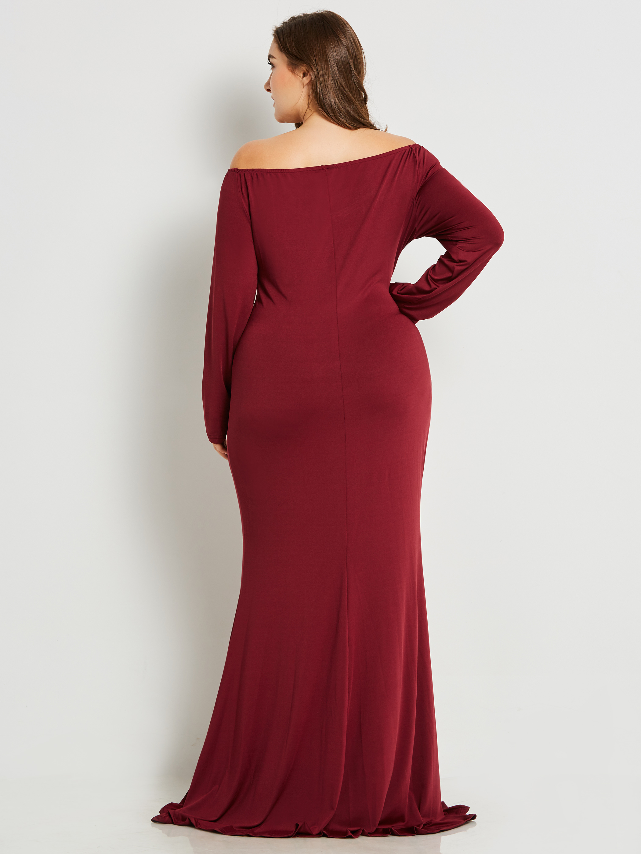 Ericdress Plus Size V-Neck Slim Pleated Solid Collar Maxi Dress