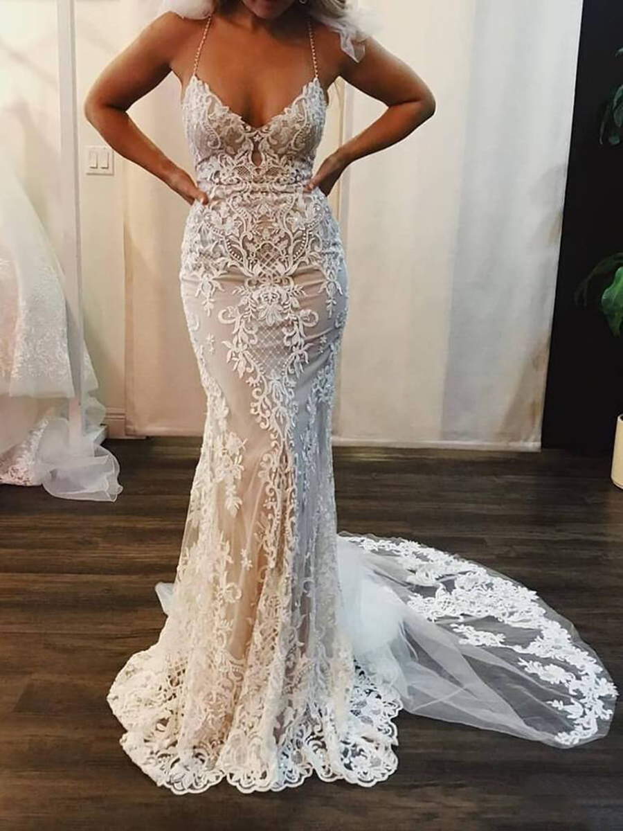 Ericdress Mermaid Beading Spaghetti Straps Lace Wedding Dress