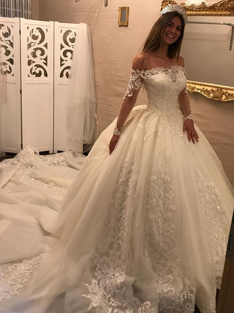 Ericdress Off The Shoulder Appliques Long Sleeves Ball Gown Wedding Dress