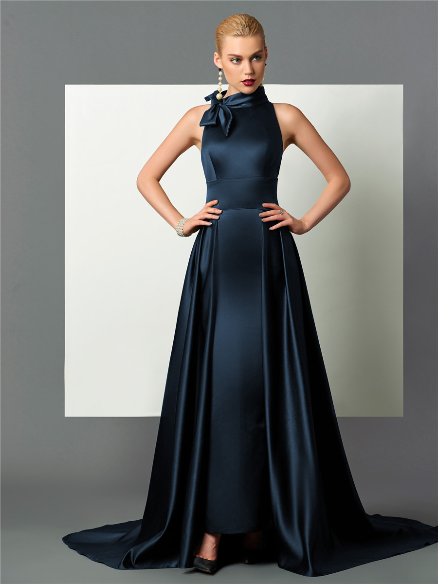 Ericdress Classic Black Halter Satin A Line Long Evening Dress
