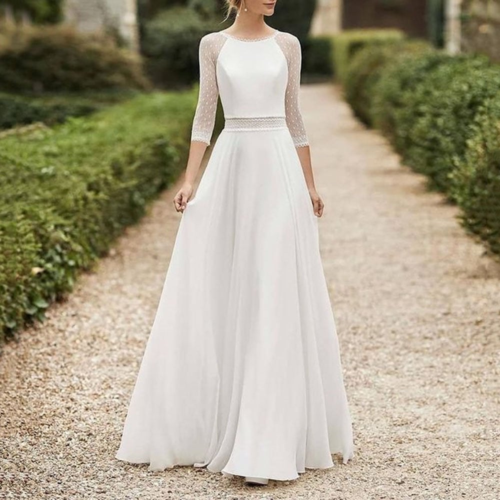 Ericdress Ivory A-Line 3/4 Length Sleeves Floor-Length Scoop Formal Dress 2021