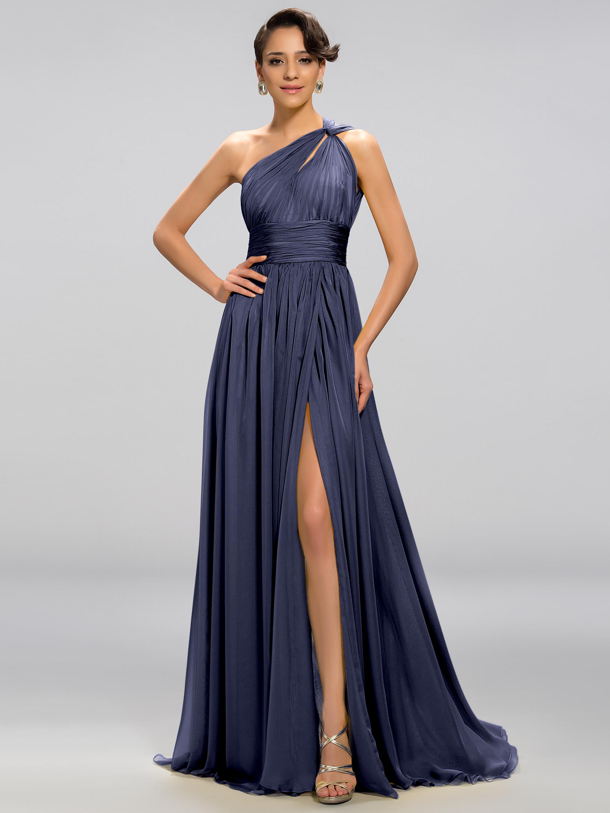 Sexy A-line One-Shoulder Split Front Floor Length Evening Dress