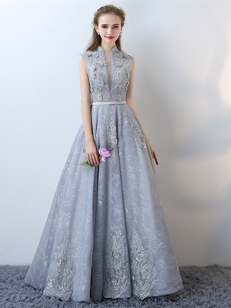 Ericdress A-Line High Neck Lace Flowers Floor-Length Evening Dress