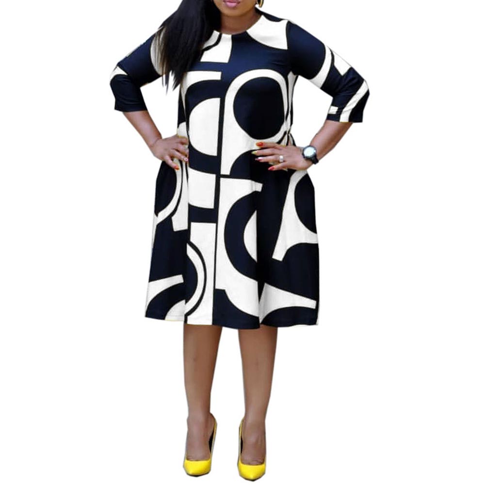 Ericdress Plus Size Pocket Color Block Round Neck Mid-Calf Geometric Casual Dress