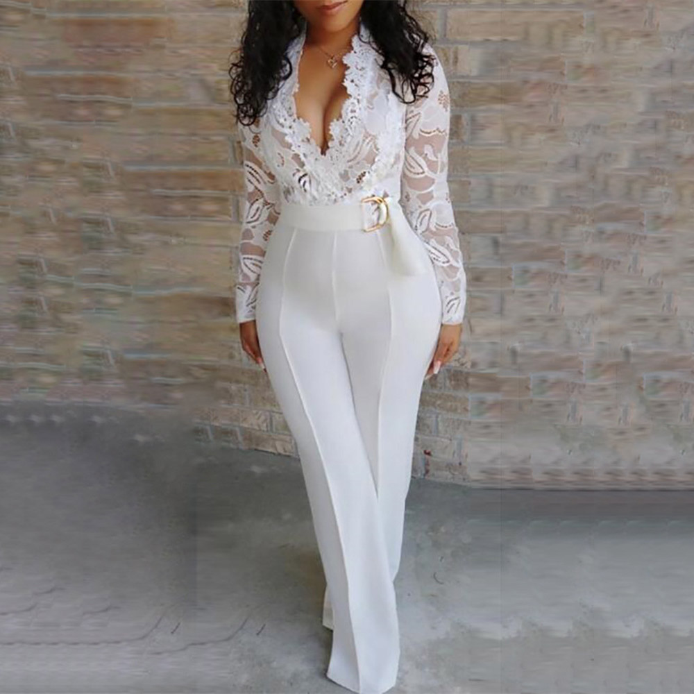 Ericdress White Lace Full Length Patchwork Office Lady Straight Slim Jumpsuit
