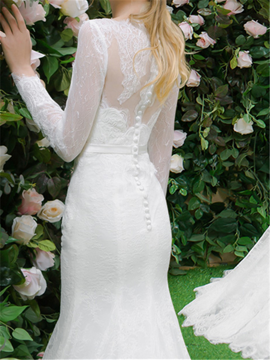 Ericdress Button Long Sleeves Mermaid Lace Wedding Dress