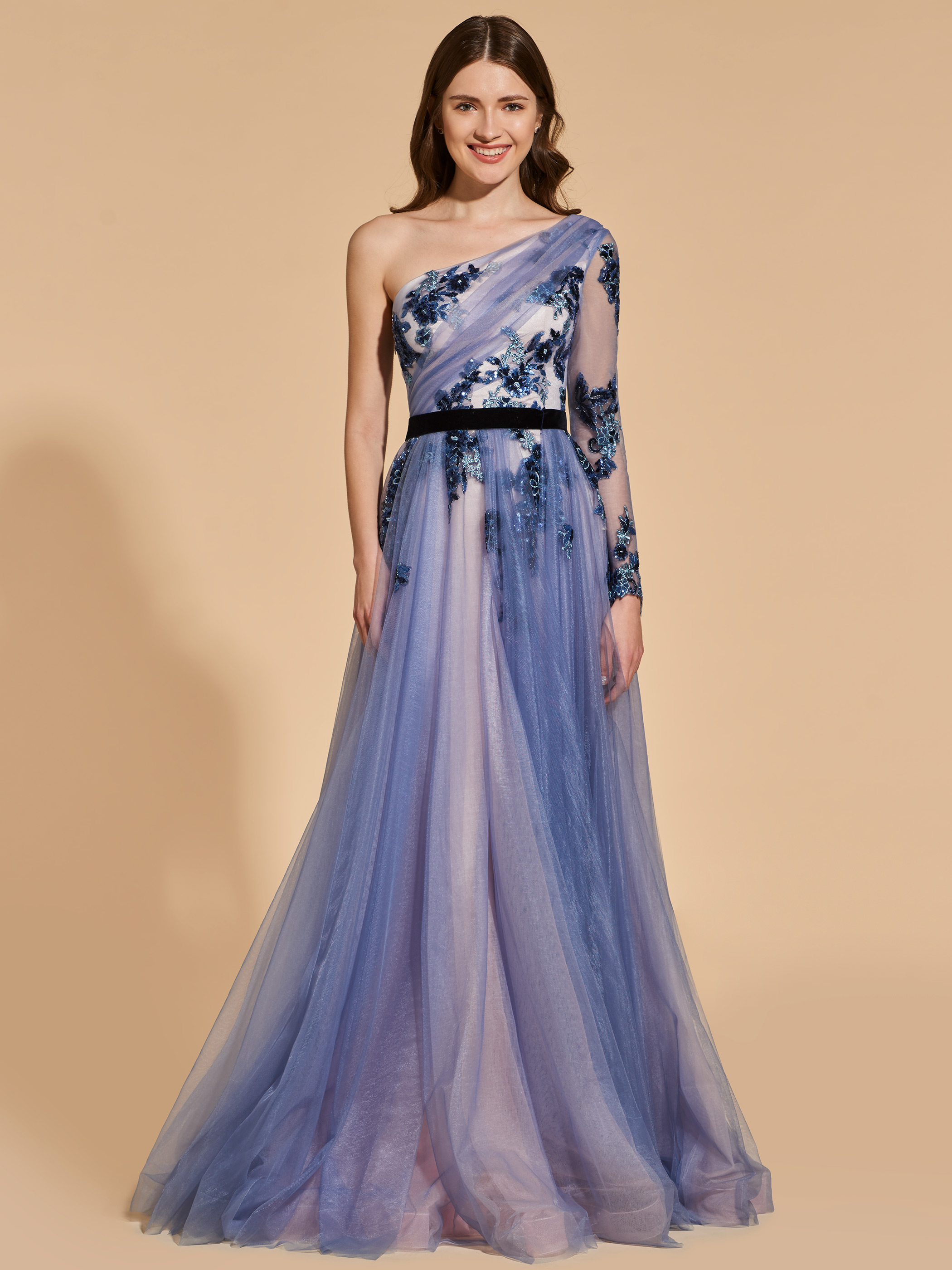 Ericdress One Sleeve Sequin Applique Long Prom Dress