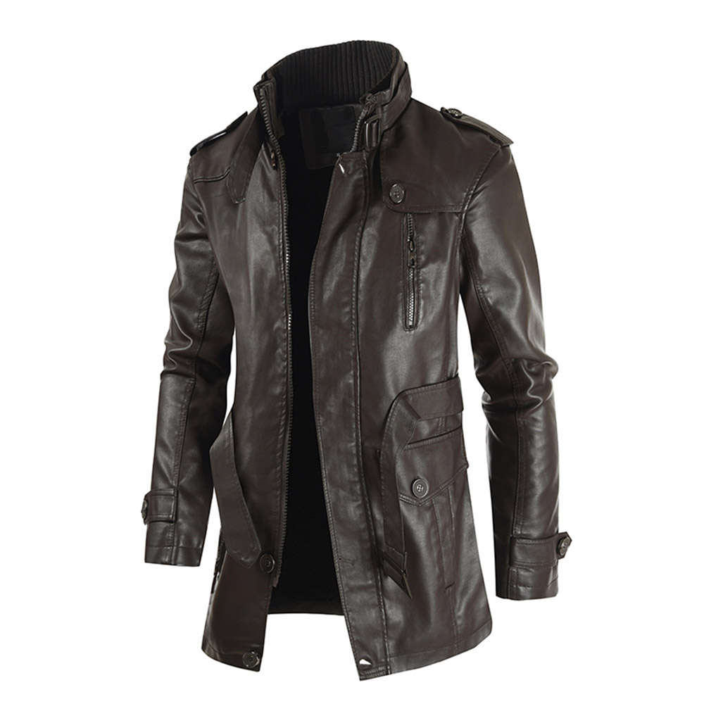 Ericdress Plain Stand Collar Mid-Length Pocket Fashion Men's Leather Jacket