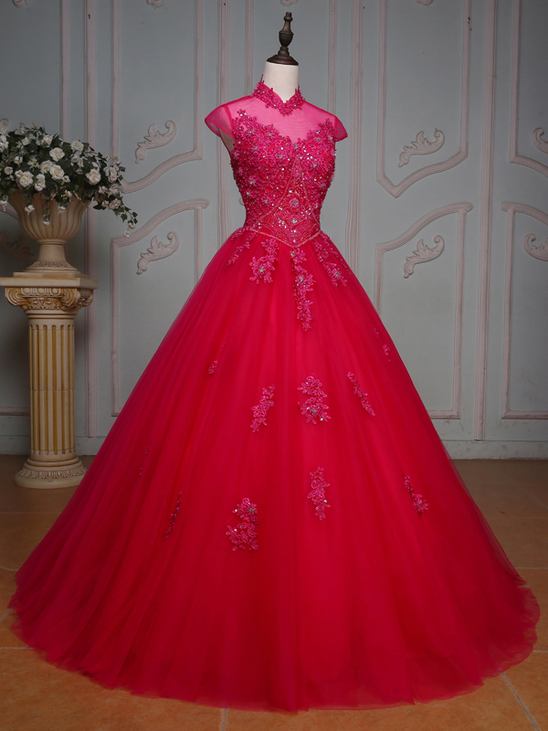Ericdress High Neck Cap Sleeves Beaded Crystal Quinceanera Dress With Applique