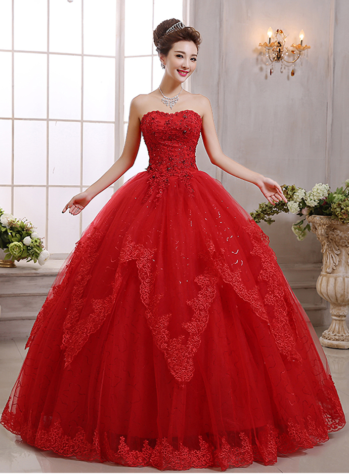 Ericdress Strapless Appliques Beading Ball Gown Red Wedding Dress