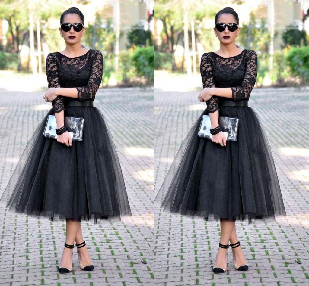 Ericdress Black Lace Tea-Length Evening Dress with Sleeves Black Wedding Dresses