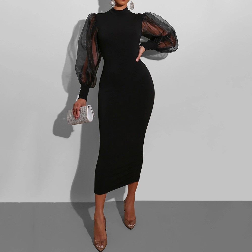 Ericdress Mid-Calf Mesh Stand Collar Office Lady Puff Sleeve Bodycon Dress