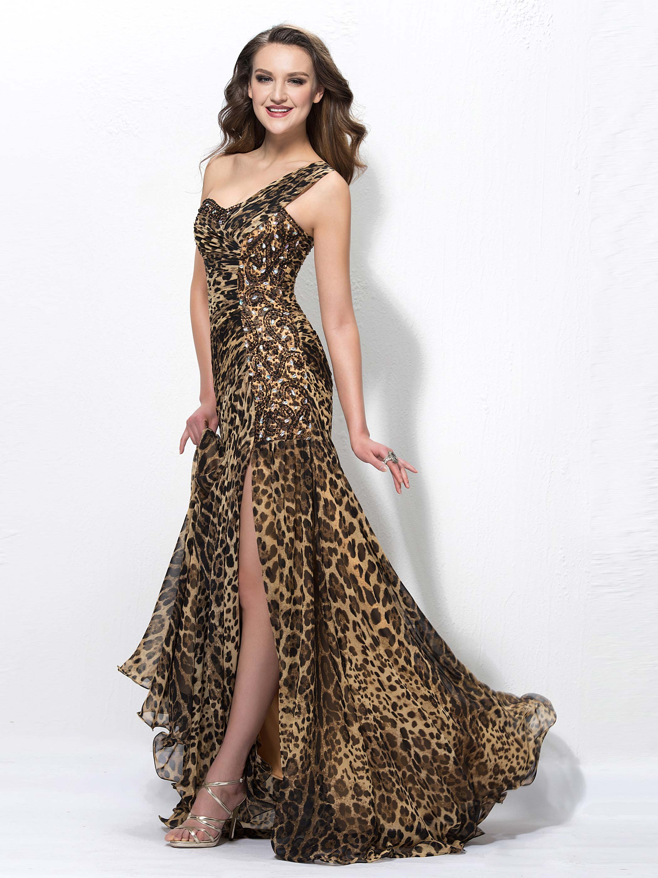 Ericdress One Shoulder Split-Front Leopard Print Evening Dress-www ...