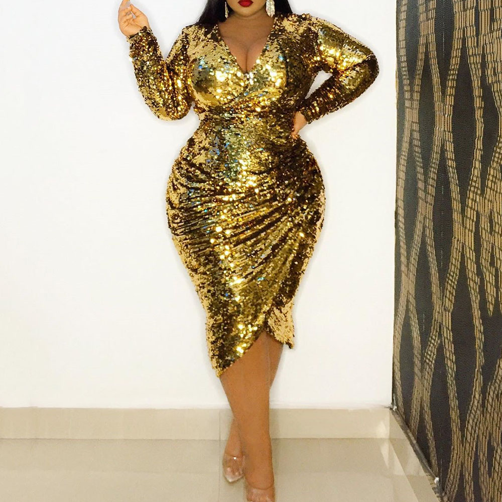 Ericdress Plus Size V-Neck Long Sleeve Sequins Party/Cocktail Pullover Women's Bodycon Dress