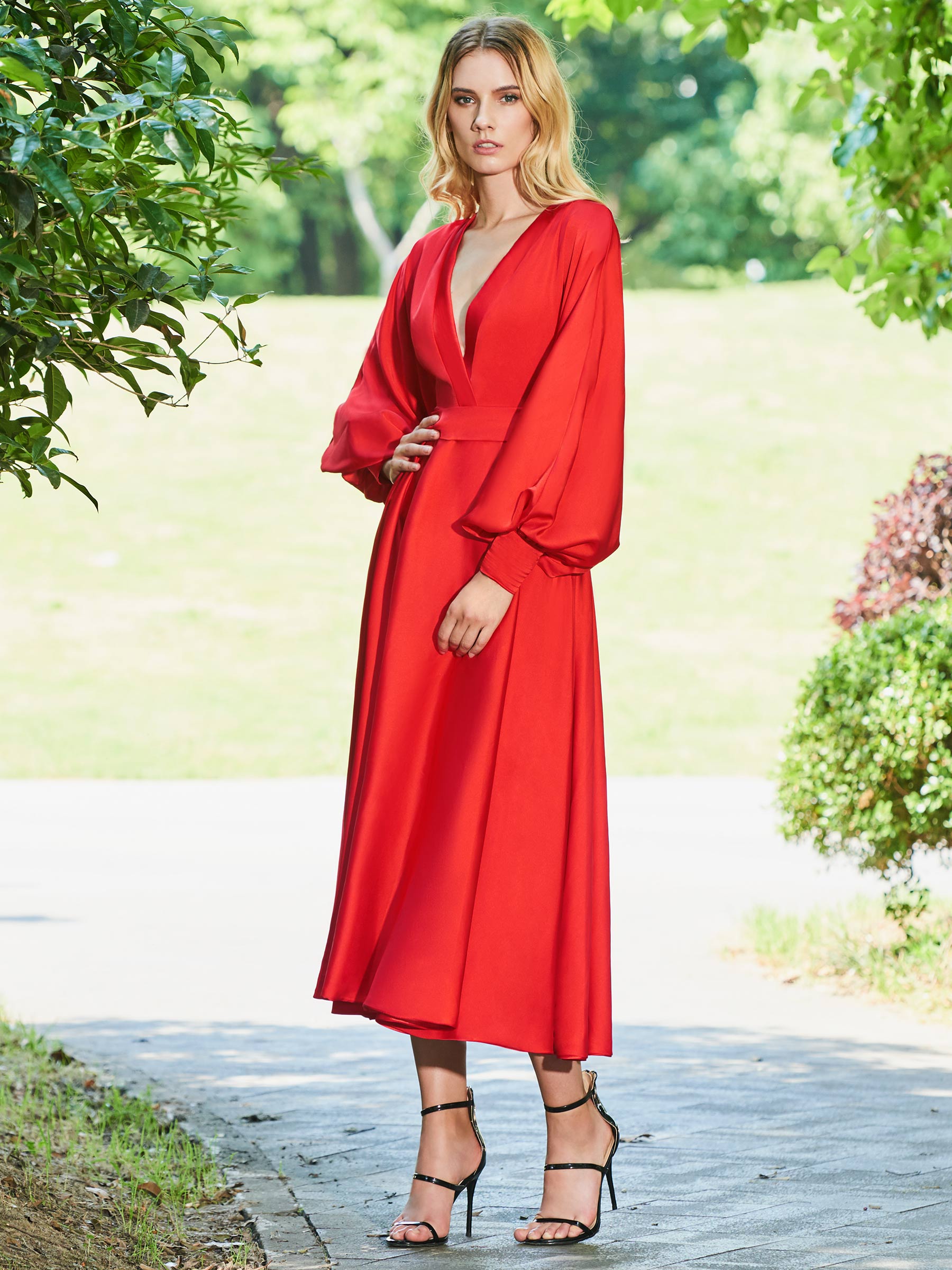 Ericdress A Line Long Sleeve Tea Length Red Evening Dress
