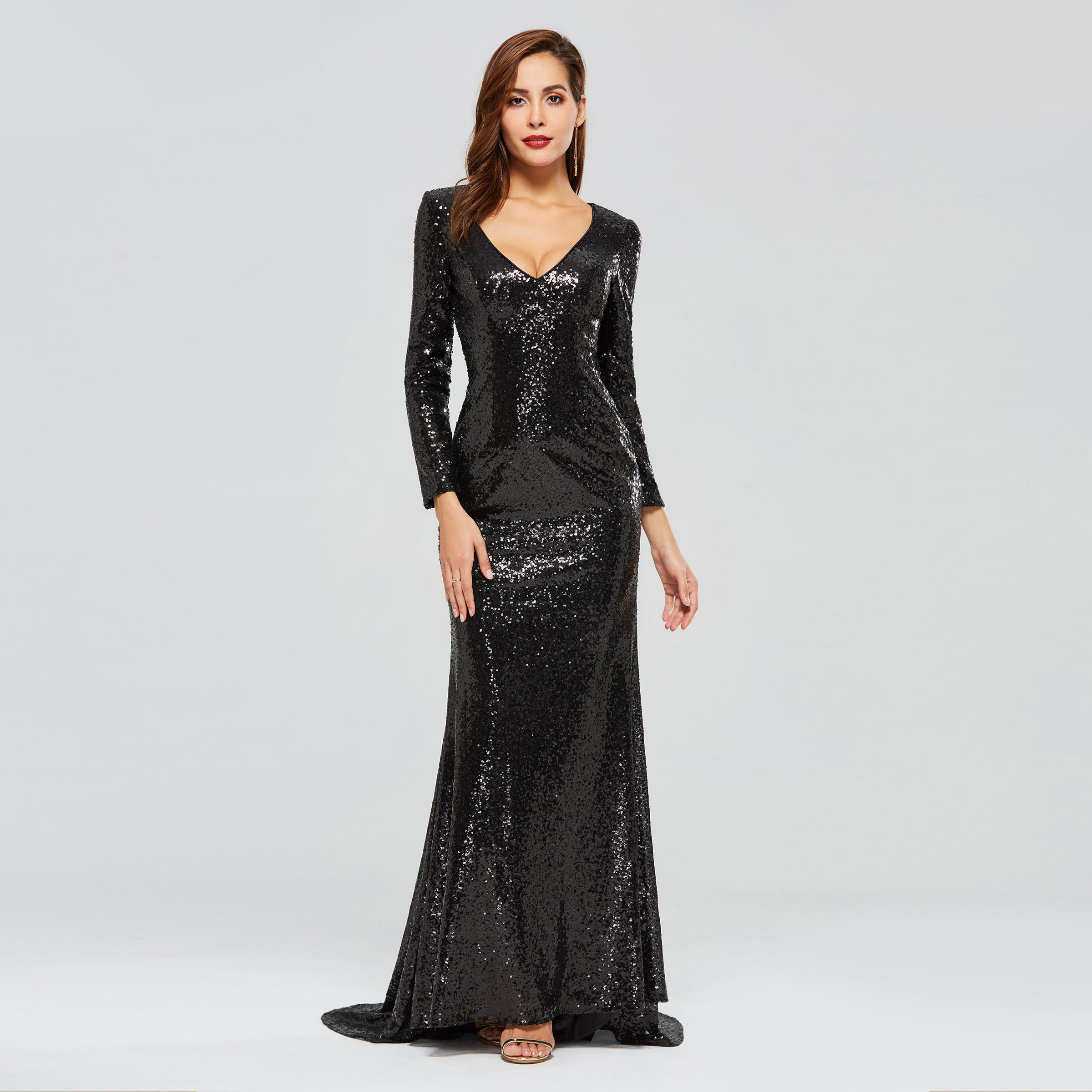 Ericdress Long Sleeve Black Sequins Evening Dress
