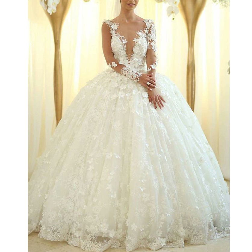 Ericdress Long Sleeves Flowers Appliques Ball Gown Wedding Dress