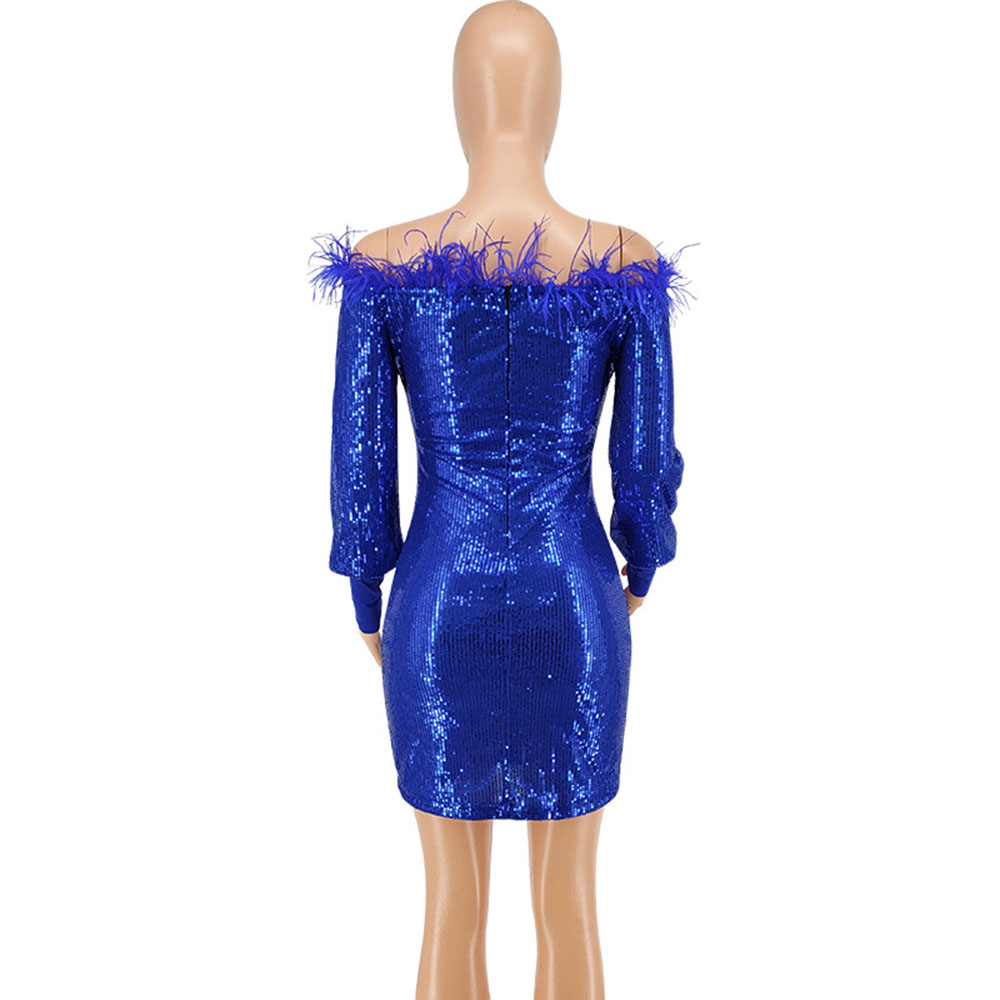 Ericdress Plus Size Off Shoulder Long Sleeve Sequins Bodycon Plain Dress