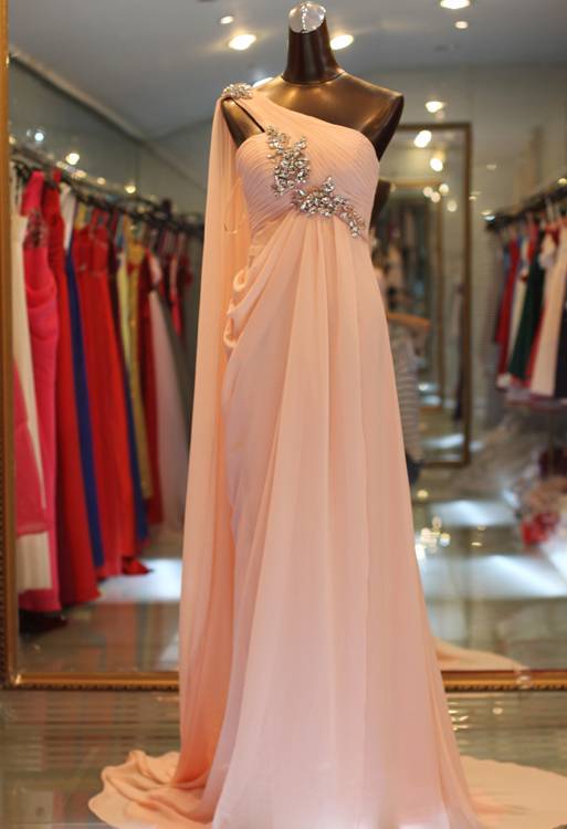 Ericdress One Shoulder Beading Pearl Pink Evening Dress