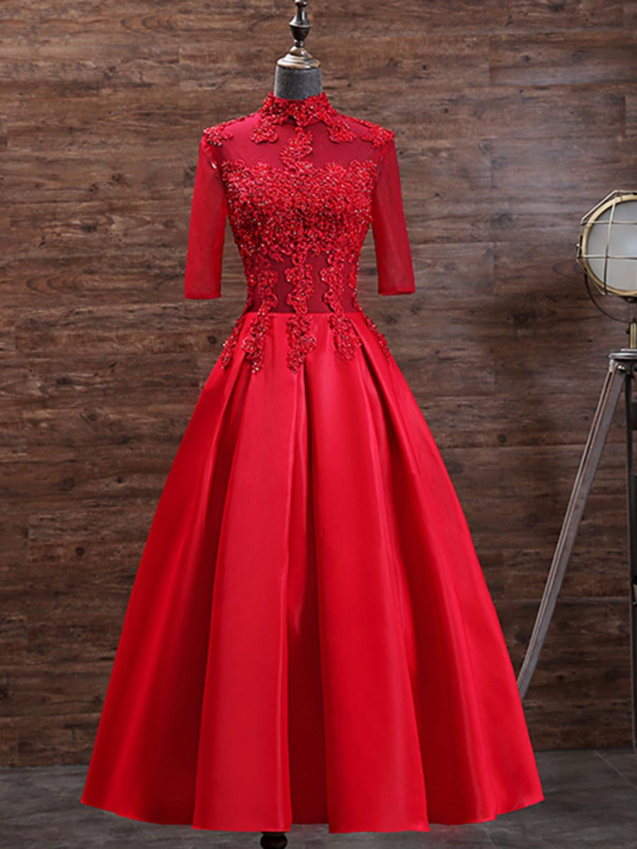 Ericdress Half Sleeves Appliques Red Tea-Length Evening Dress