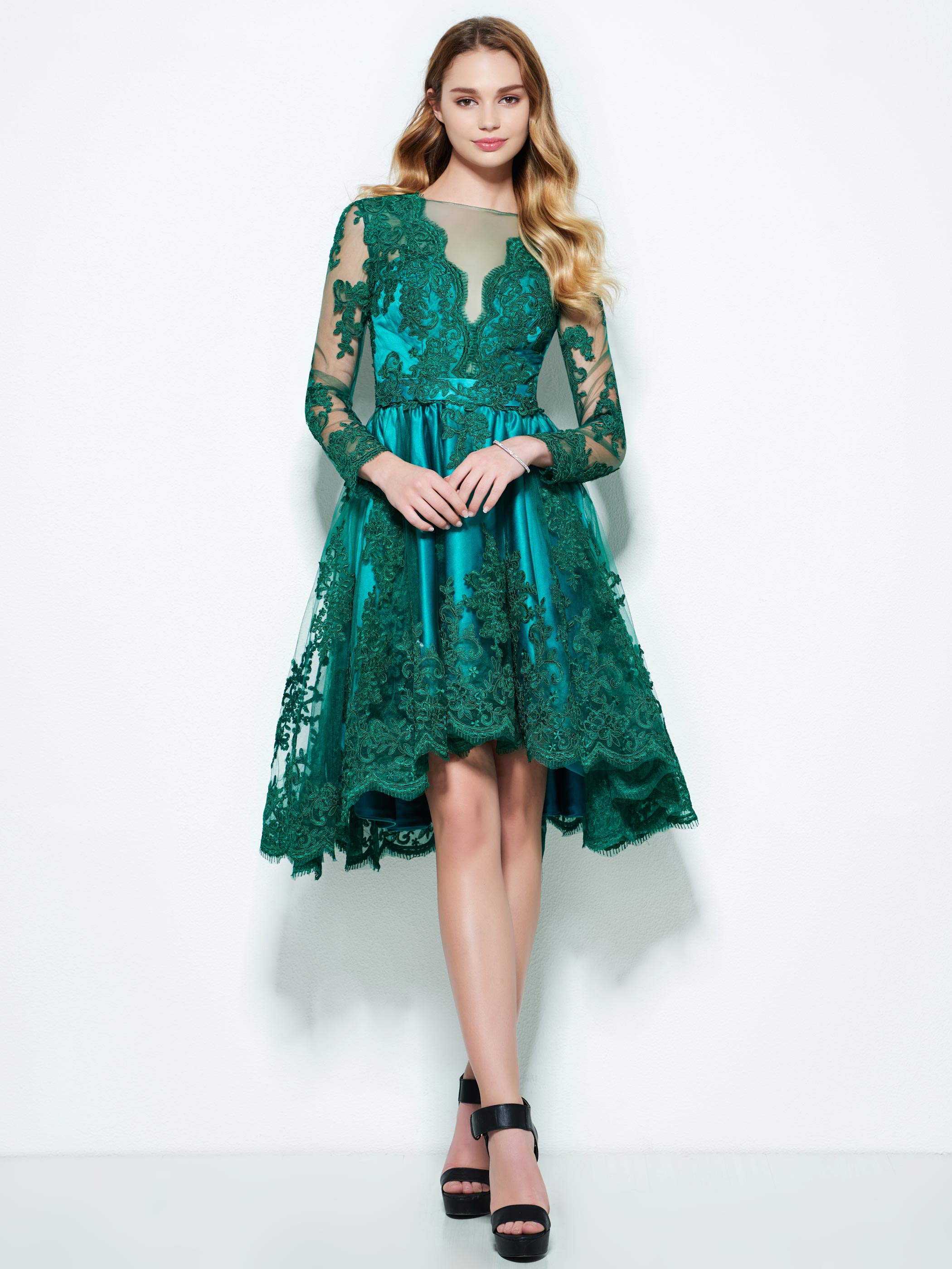Ericdress A-Line Bateau Long Sleeves Appliques Button Lace Asymmetry Homecoming Dress