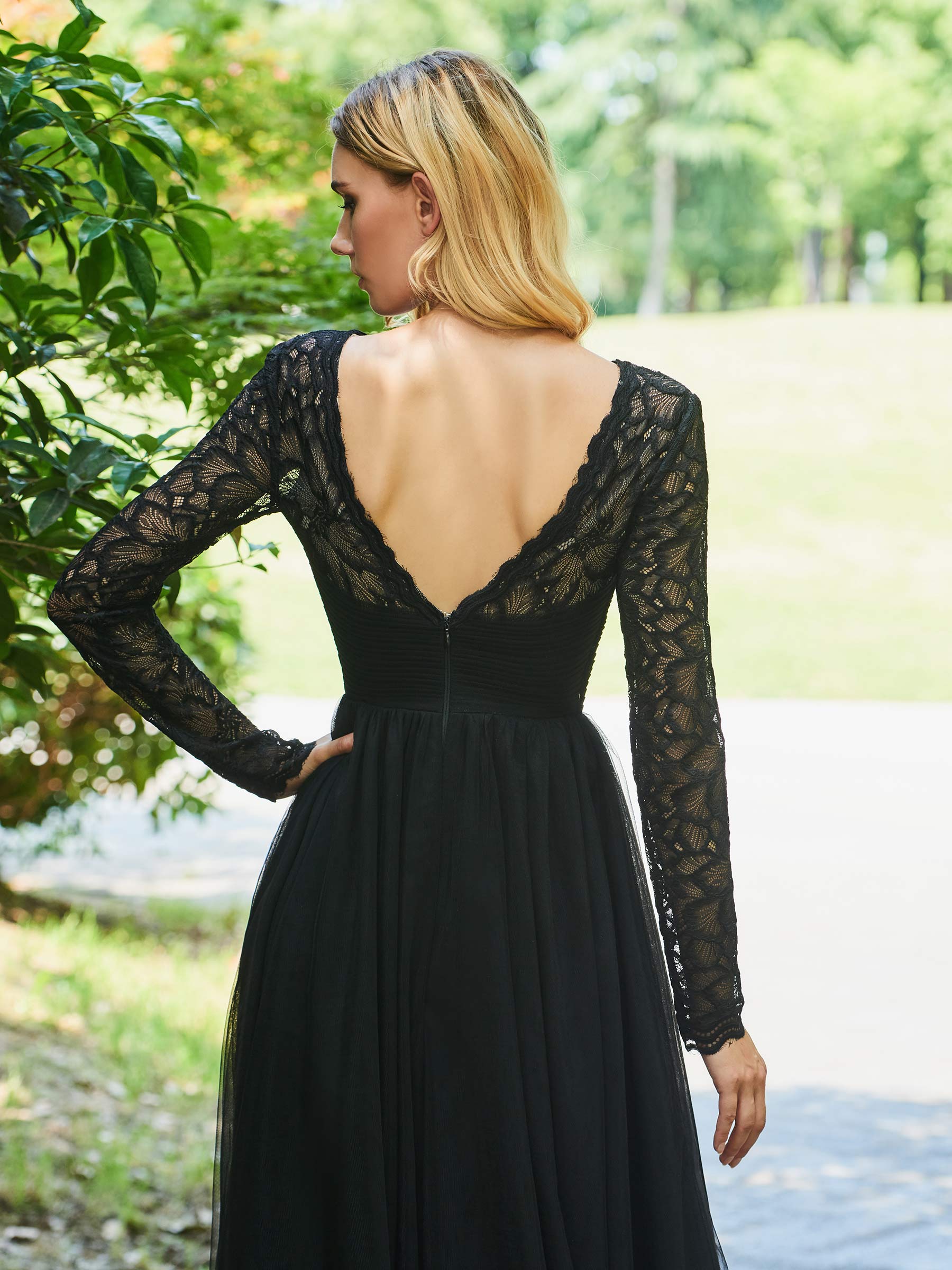 Ericdress Long Sleeve Black Lace Evening Dress