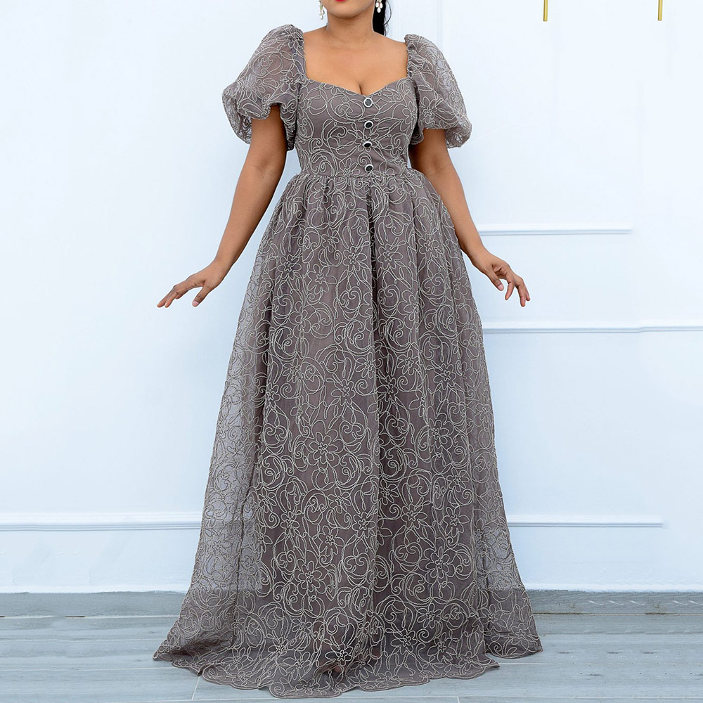 Ericdress Floor-Length Mesh V-Neck Pullover Expansion Maxi Dress Plus Size