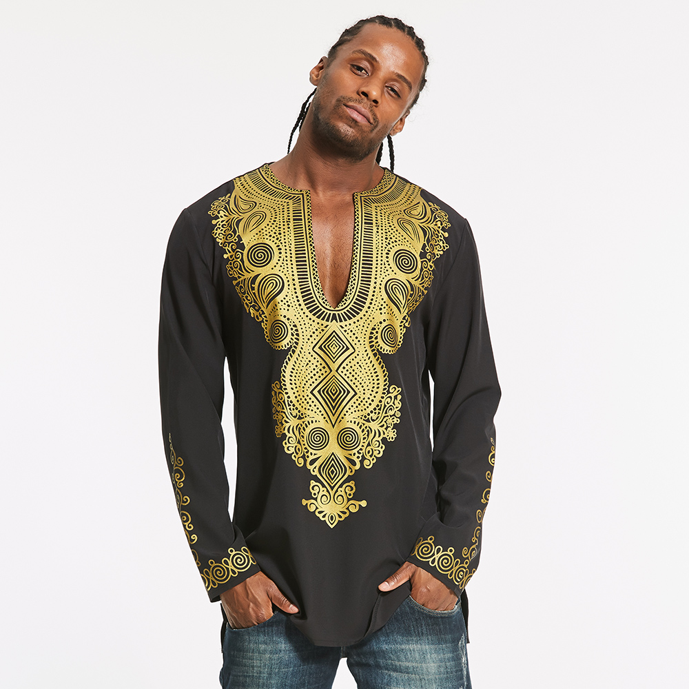Ericdress African Fashion Dashiki Color Block Print Mid-Length Slim Men's Shirt