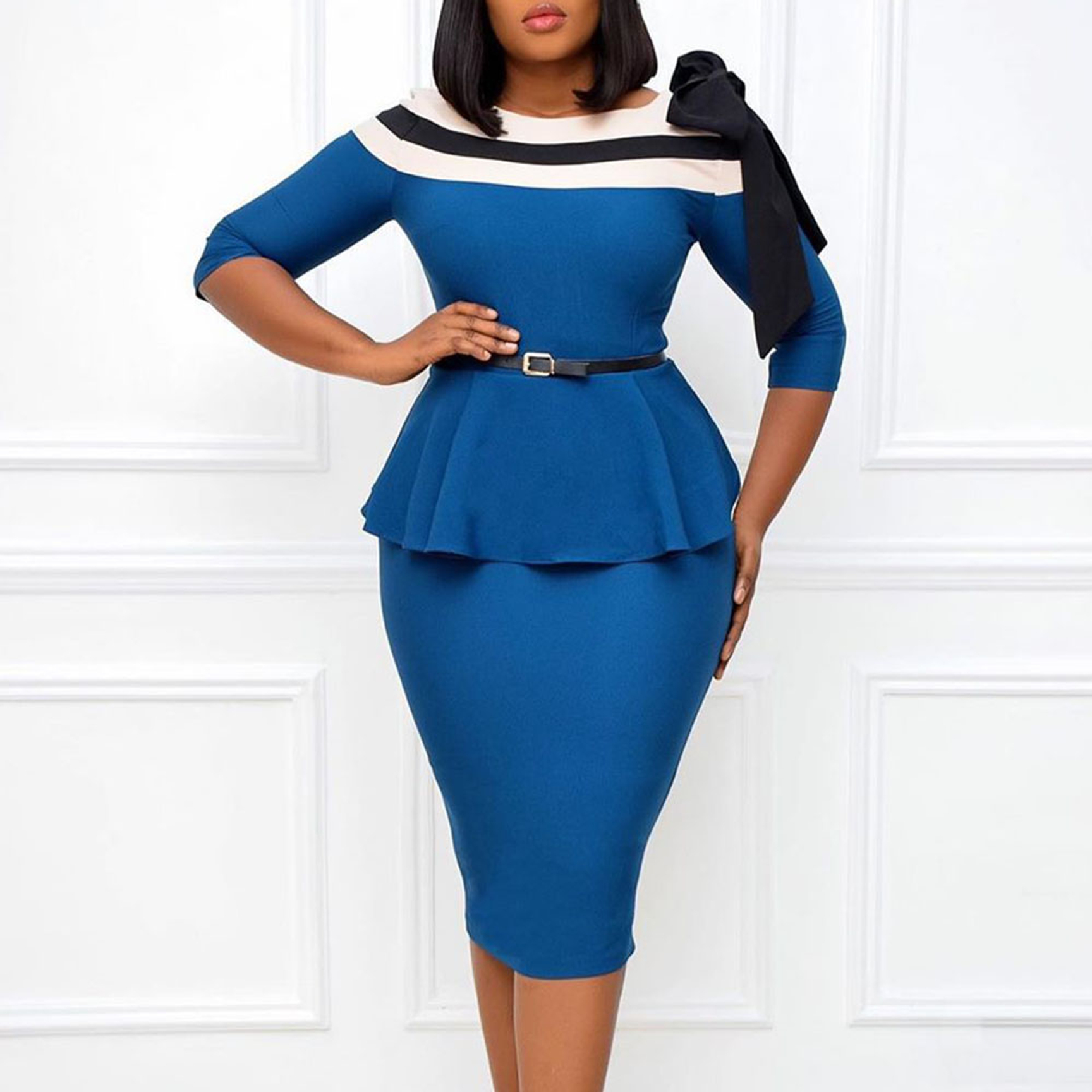 Ericdress Bowknot Round Neck Three-Quarter Sleeve Bodycon High Waist ...