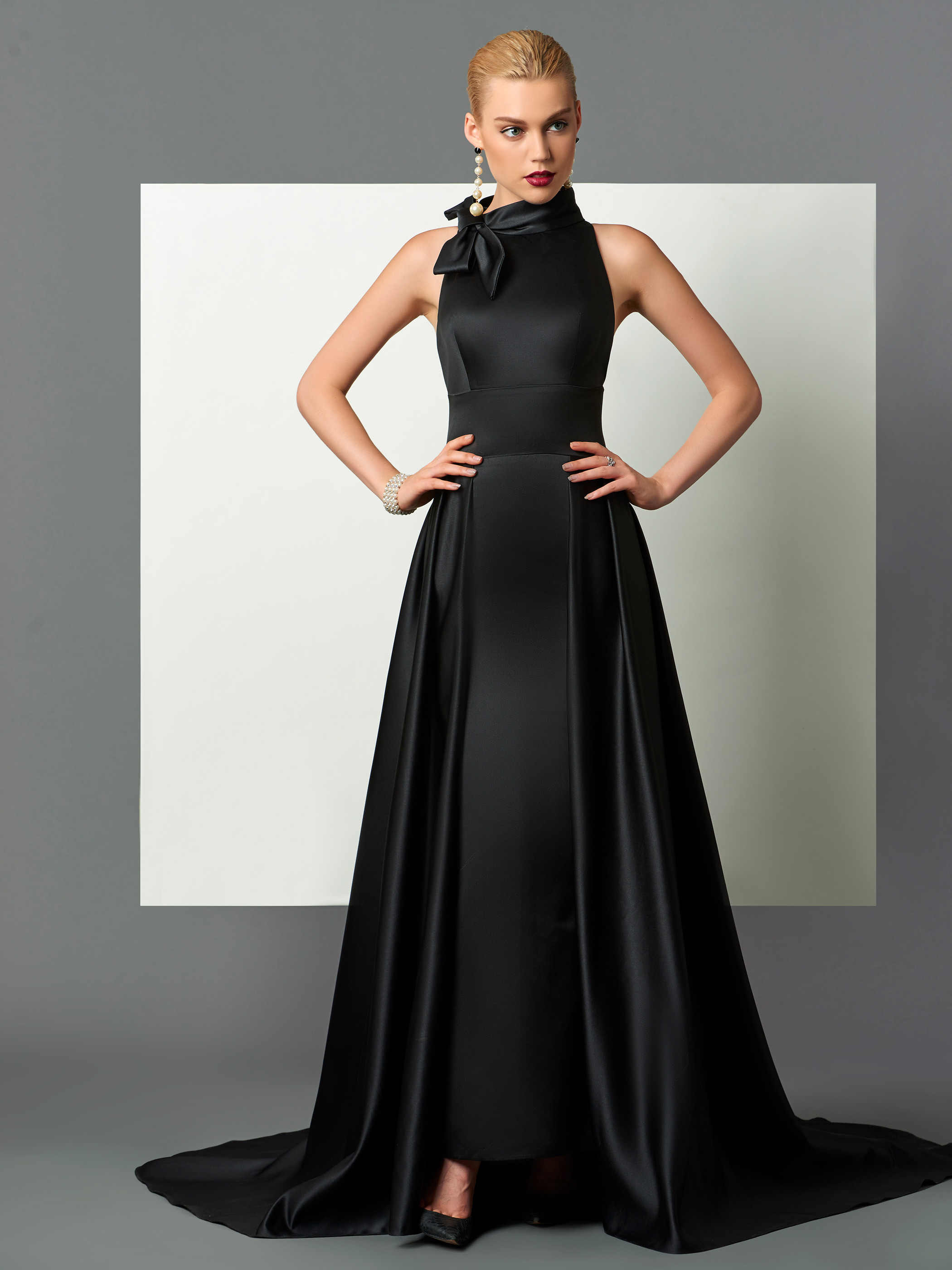 Ericdress Classic Black Halter Satin A Line Long Evening Dress