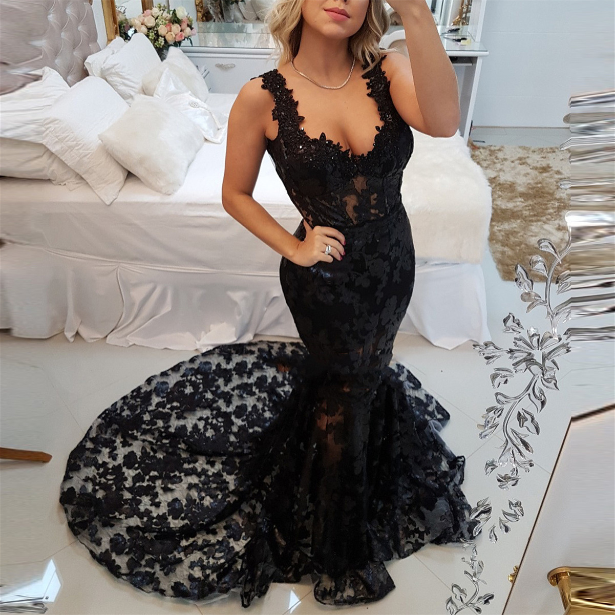 Ericdress Floor-Length Lace Straps Court Evening Dress Black Wedding Dresses
