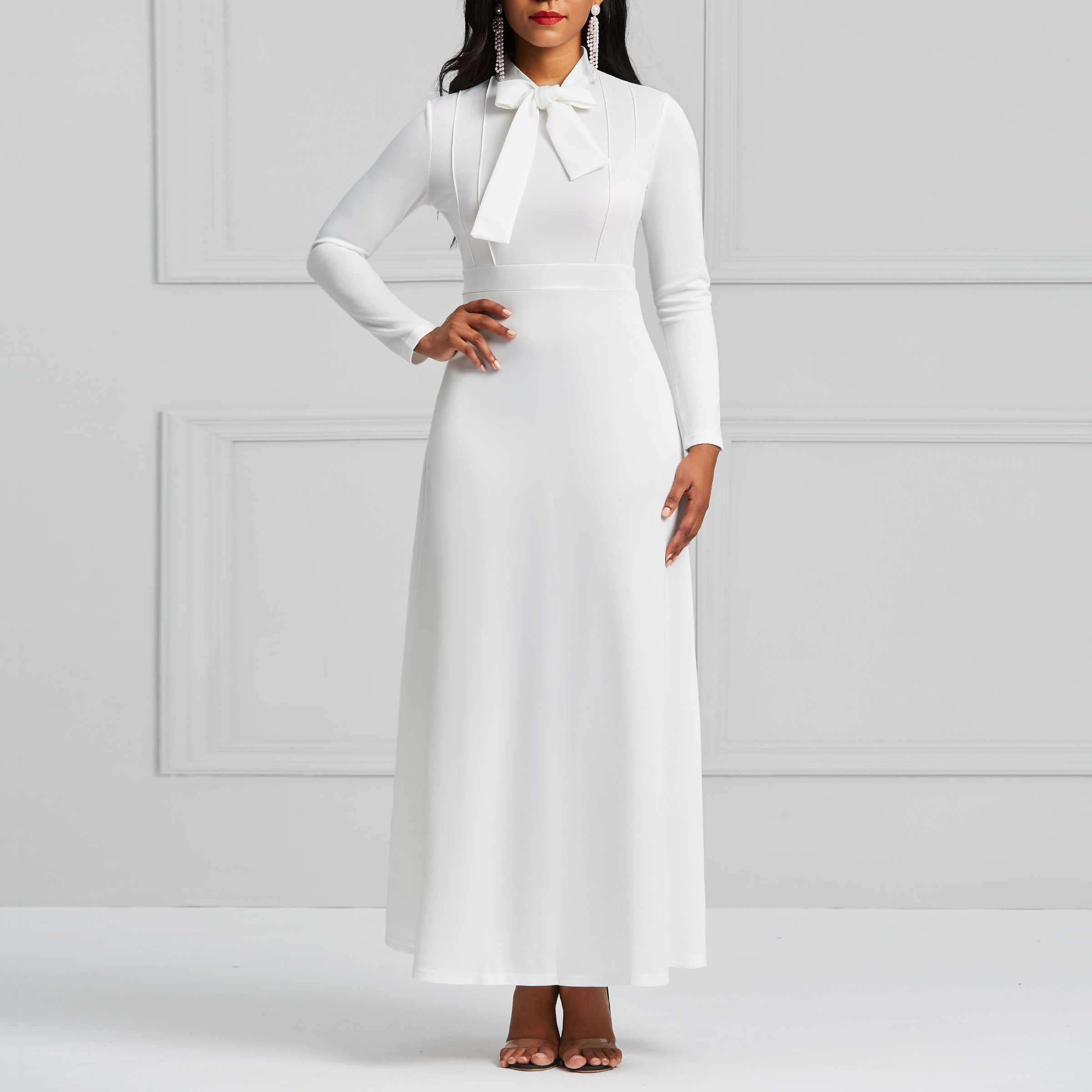 Ericdress White Maxi Dress Long Sleeves Bowknot Plain Women's Maxi Dress