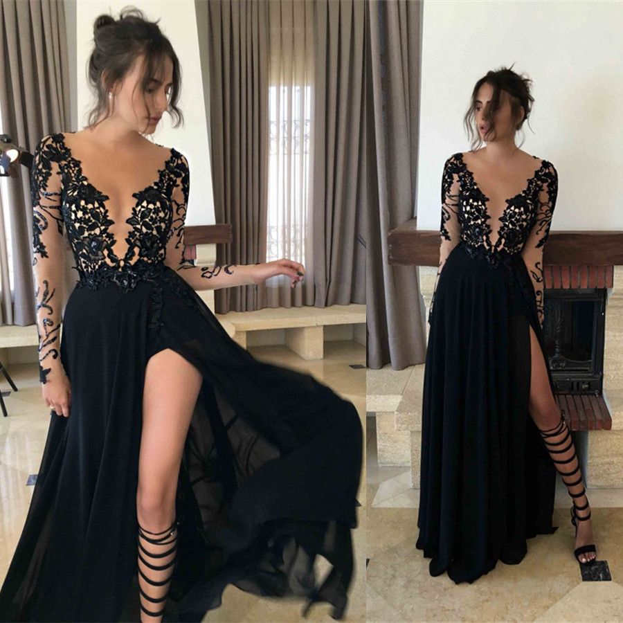 Ericdress Sexy V-Neck Long Sleeves Black Prom Dress