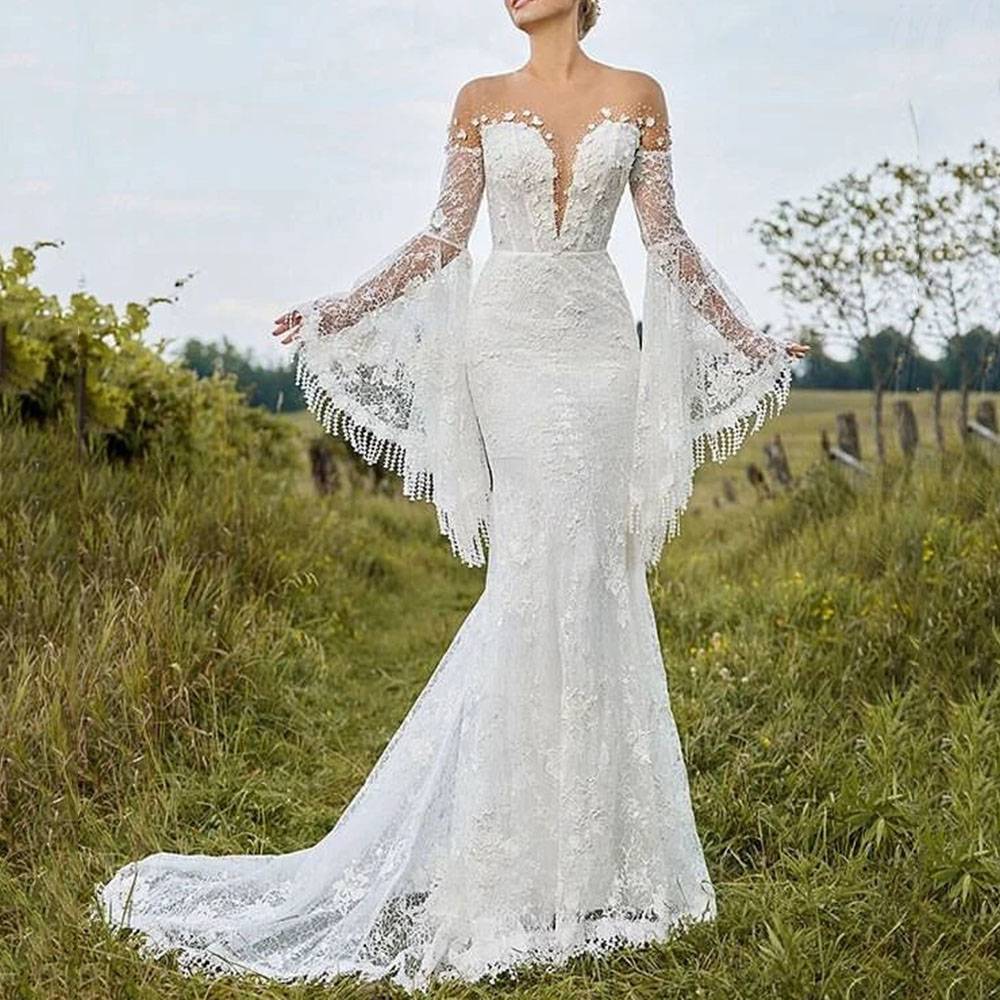 Ericdress Lace Long Sleeves Trumpet/Mermaid Scoop Garden/Outdoor Wedding Dress